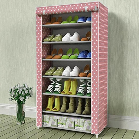PINK and White - IBEQUEM 7 Tier Shoe Rack with Non-Woven Fabric Cover - Picture 1 of 8